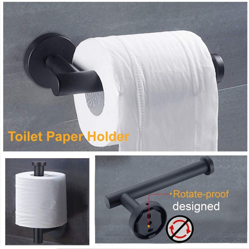 Nolimas 5Pieces Matte Black Bathroom Hardware Set Included 16" Lengthen Hand Towel Bar,Toilet Paper Holder,3pcs Robe Towel Hooks SUS304 Stainless Steel Bathroom Accessories Kit - Image 2